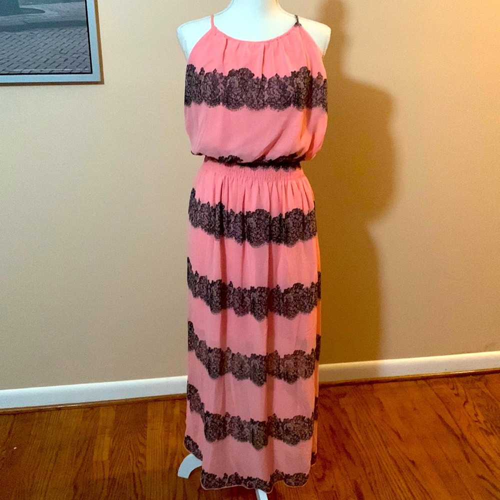 Gorgeous pink and black maxi with sheer bottom and short light pink under-slip